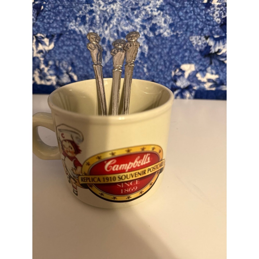 Campbells Replica 1910 Souvenir Postcard Mug & 3 Campbells Kids Spoons 1994